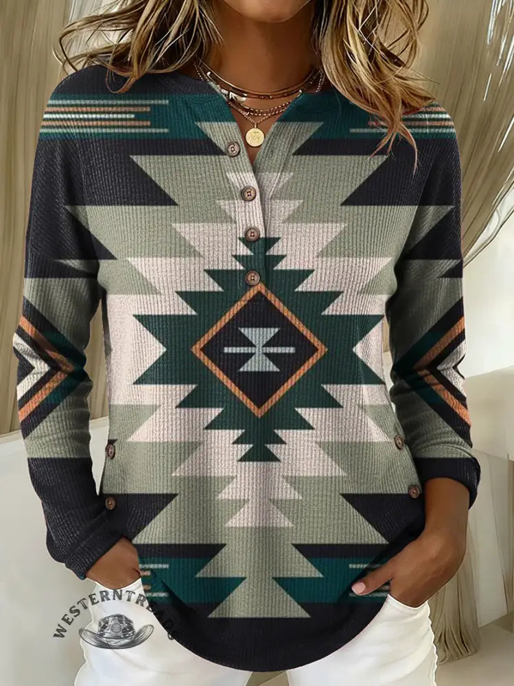 Women's Vintage Aztec Pattern Art Print Casual Cotton Shirt