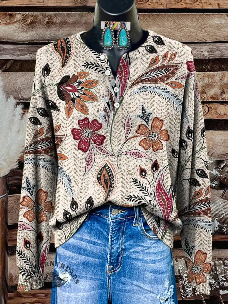 Retro Flower Print Buttoned Cardigan Sweater