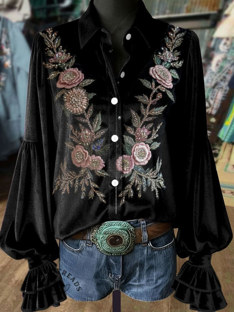 Women's Retro Floral Print Casual Cotton Shirt