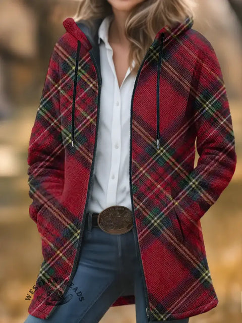 Checkered Print Unisex Plush Thick Long-Sleeved Cardigan Coat