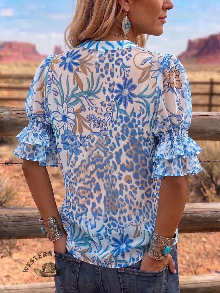 Vintage Art Print Comfortable Summer Fabrics Puff Sleeve Casual Shirt