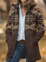 Brown Aztec Gradient Print Unisex Plush Thick Long-sleeved Sweater Cardigan Coat