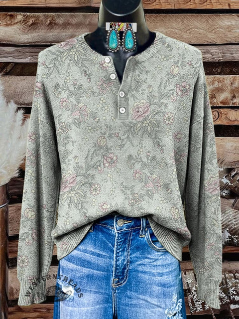 Floral Art Print Buttoned Cardigan Sweater
