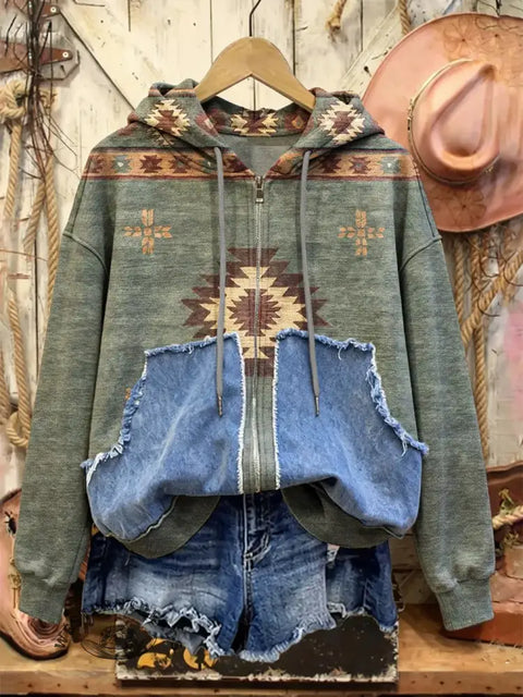 Retro Western Print Casual Cotton Patchwork Hooded Zip-up Sweatshirt
