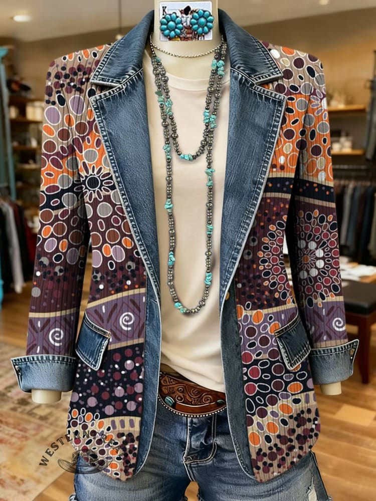 Cell Print Patchwork Denim Sweater