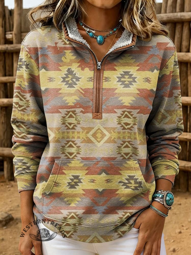 Retro Aztec Print Casual Half-zip Cotton Sweatshirt