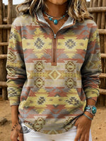 Retro Aztec Print Casual Half-zip Cotton Sweatshirt