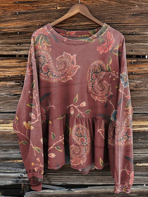 Women's Retro Paisley Print Loose Casual Cotton Sweatshirt