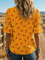 Women's Retro Floral Art Puff Sleeve Casual Shirt