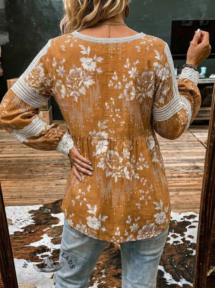 Women's Retro Floral Print Casual Lace Patchwork Shirt