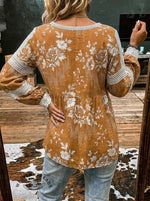 Women's Retro Floral Print Casual Lace Patchwork Shirt