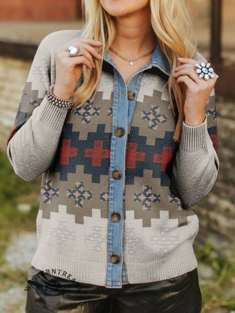 Aztec Print Denim Patchwork Contrast Plaid Polo Collar Button Cardigan Sweater