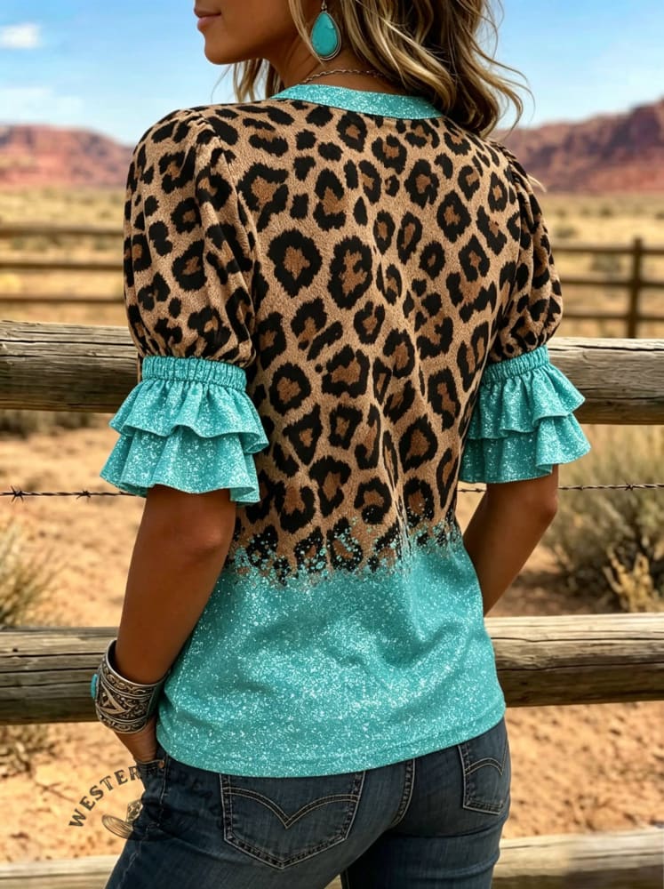 Women's Leopard Print Puff Sleeve Casual Shirt