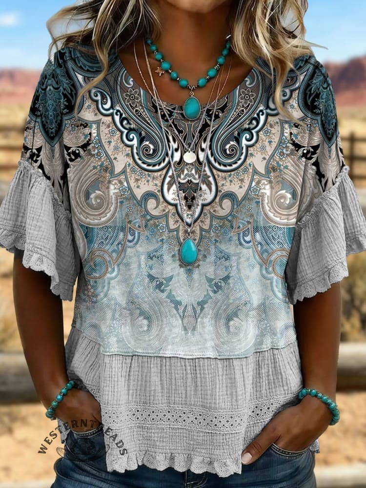 Vintage Art Print Hollowed Out Lace Patchwork T-shirt