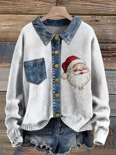 Santa Claus Print Patchwork Denim Knit Pullover Sweater