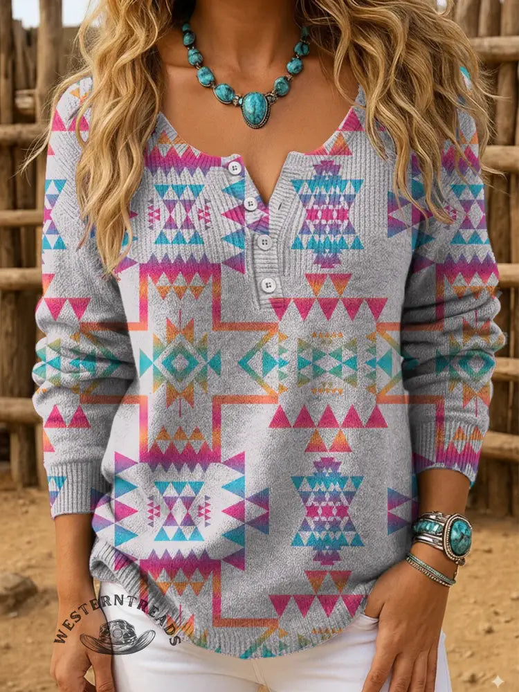 Retro Aztec Art Print Buttoned Cardigan Sweater
