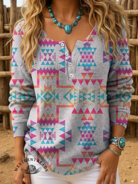 Retro Aztec Art Print Buttoned Cardigan Sweater