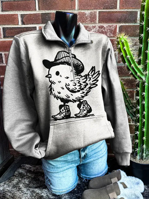Funny Western Art Print Casual Zip Sweatshirt