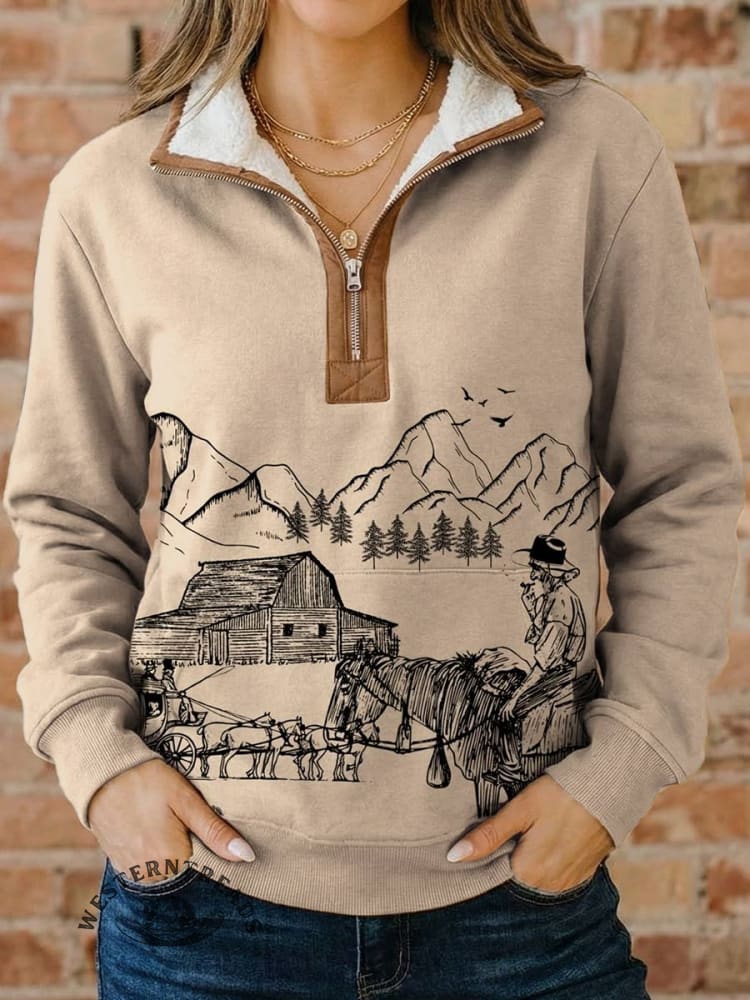 West Art Print Casual Half-zip Cotton Sweatshirt