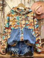 Retro Western Print Casual Cotton Patchwork Hooded Zip-up Sweatshirt
