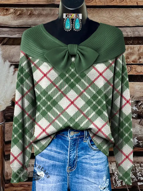 Retro Christmas color plaid Print Button Cardigan