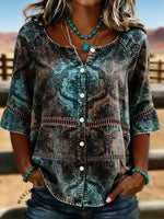 Women's Vintage Pattern Print Casual Hollow-out Denim Shirt
