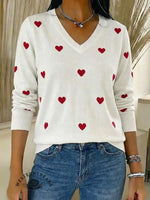 Women's Valentine's Day Heart Jacquard V-neck Long-sleeved Knit Sweater