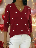 Women's Valentine's Day Heart Jacquard V-neck Long-sleeved Knit Sweater