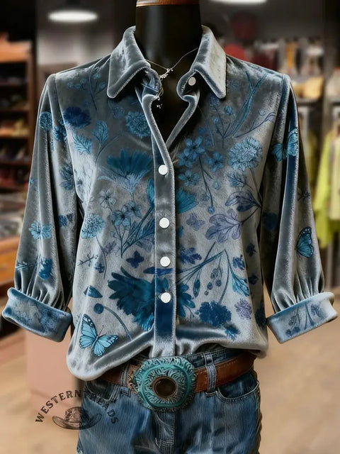 Retro Ethnic Flowers Print Collared Velvet Top