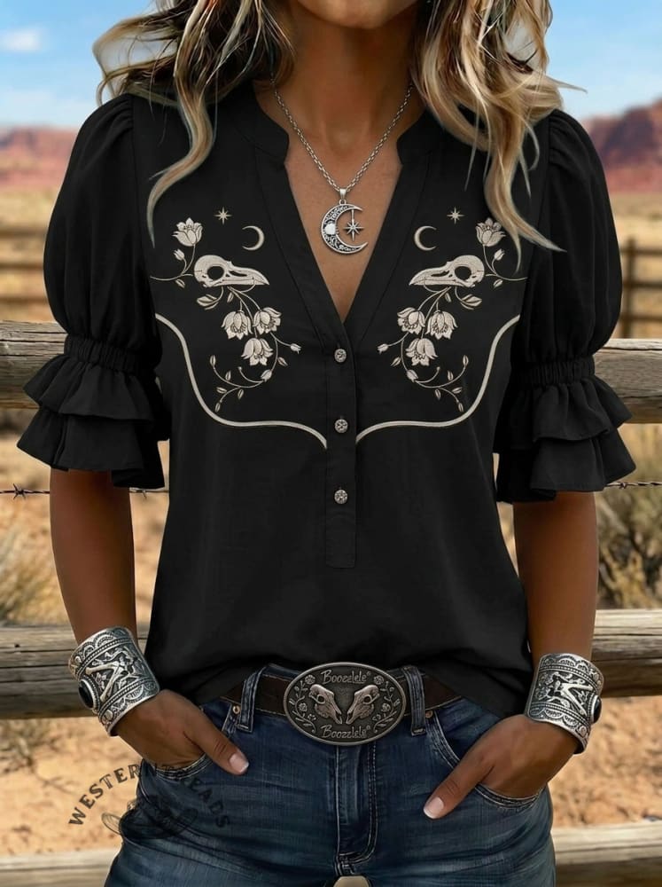 Vintage Art Print V-neck Puff Sleeve Ruffle Shirt