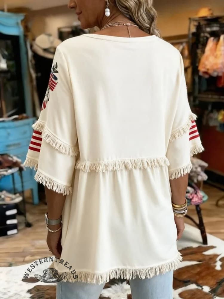 Women's Vintage US Independence Day Flowers Print Patchwork Casual Shirt