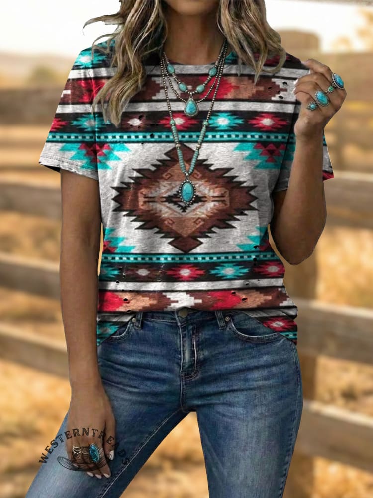 Vintage Aztec Art Elegant Soft Western Cotton T-shirt Top