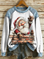 Christmas Print Casual Denim Patchwork Sweatshirt