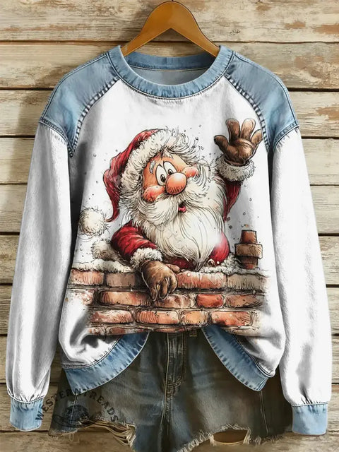 Christmas Print Casual Denim Patchwork Sweatshirt