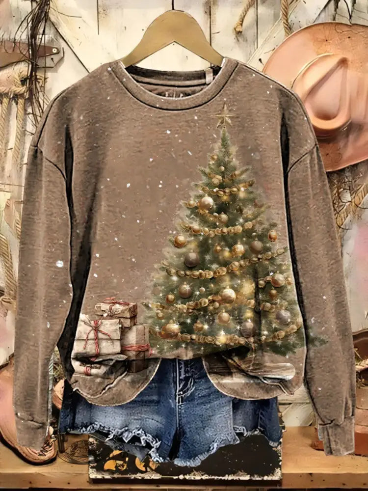 Retro Christmas Art Print Casual Cotton Sweatshirt