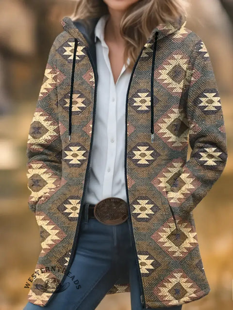 Retro Aztec Print Unisex Plush Thick Long-sleeved Cardigan Coat