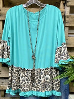 Women's Leopard Print Patchwork Ruffle-trimmed Round Neck Top