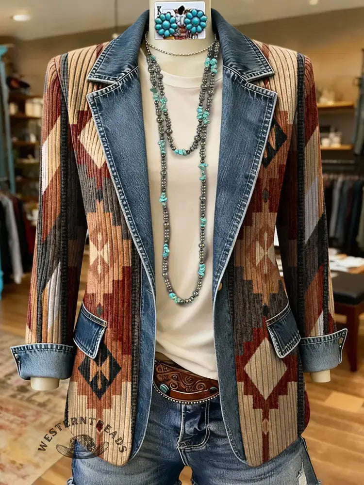 Aztec Art Print Patchwork Denim Sweater Cardigan Coat