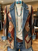 Aztec Art Print Patchwork Denim Sweater Cardigan Coat