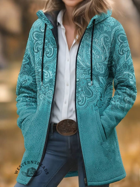 Turquoise Paisley Print Unisex Plush Thick Long-sleeved Cardigan Coat