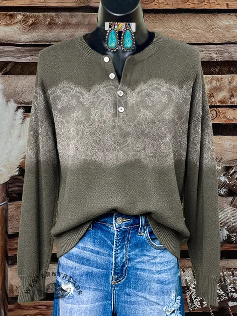 Imitation Lace Visual Flower Print Buttoned Cardigan Sweater