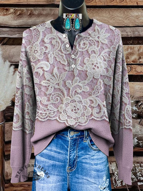 Floral Pattern Art Print Buttoned Cardigan Sweater