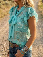 Women's Paisley Art Print Casual Lace Up Ruffle Shirt