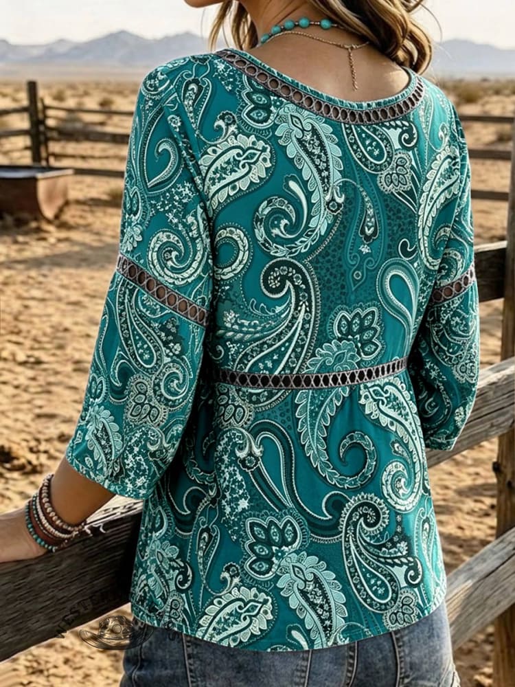 Women's Paisley Print Casual 3/4 Sleeves Hollow Denim Shirt