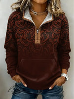 Leather Embossing Pattern Print Casual Half-zip Cotton Sweatshirt