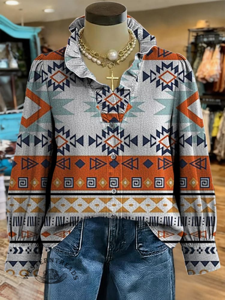 Women's Retro Print Casual Cotton And Linen Ruffle Shirt