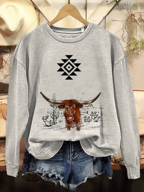 Aztec Cow Art Print Casual Cotton Sweatshirt