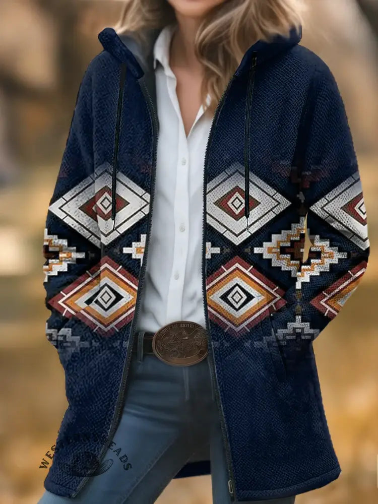 Aztec Gradient Print Unisex Plush Thick Long-sleeved Cardigan Coat