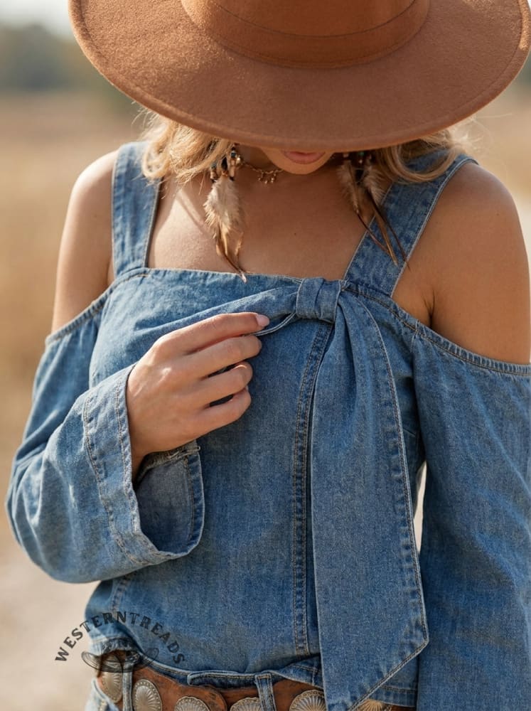 Women's Bow-neck Denim Patchwork Top
