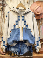 Retro Print Casual Cotton Patchwork Hooded Zip-up Sweatshirt